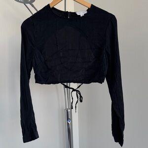Topshop Black Long-Sleeve Cropped Backless Drawstring Top